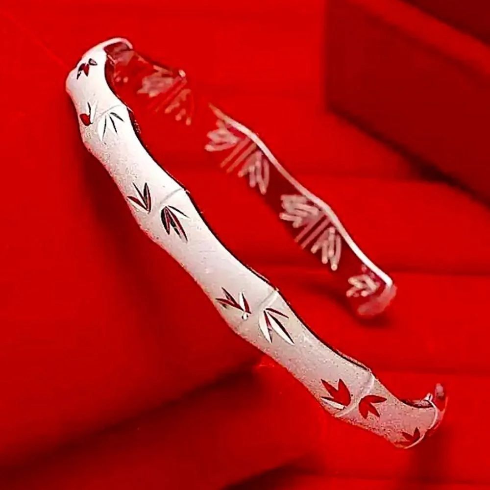 Sterling Silver Bamboo Engraved Cuff Bangle Bracelet - Picture 1 of 8